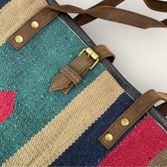 Raj | Handwoven Striped Tote Bag with Leather Straps | Multi Color - Picture 4 of 11